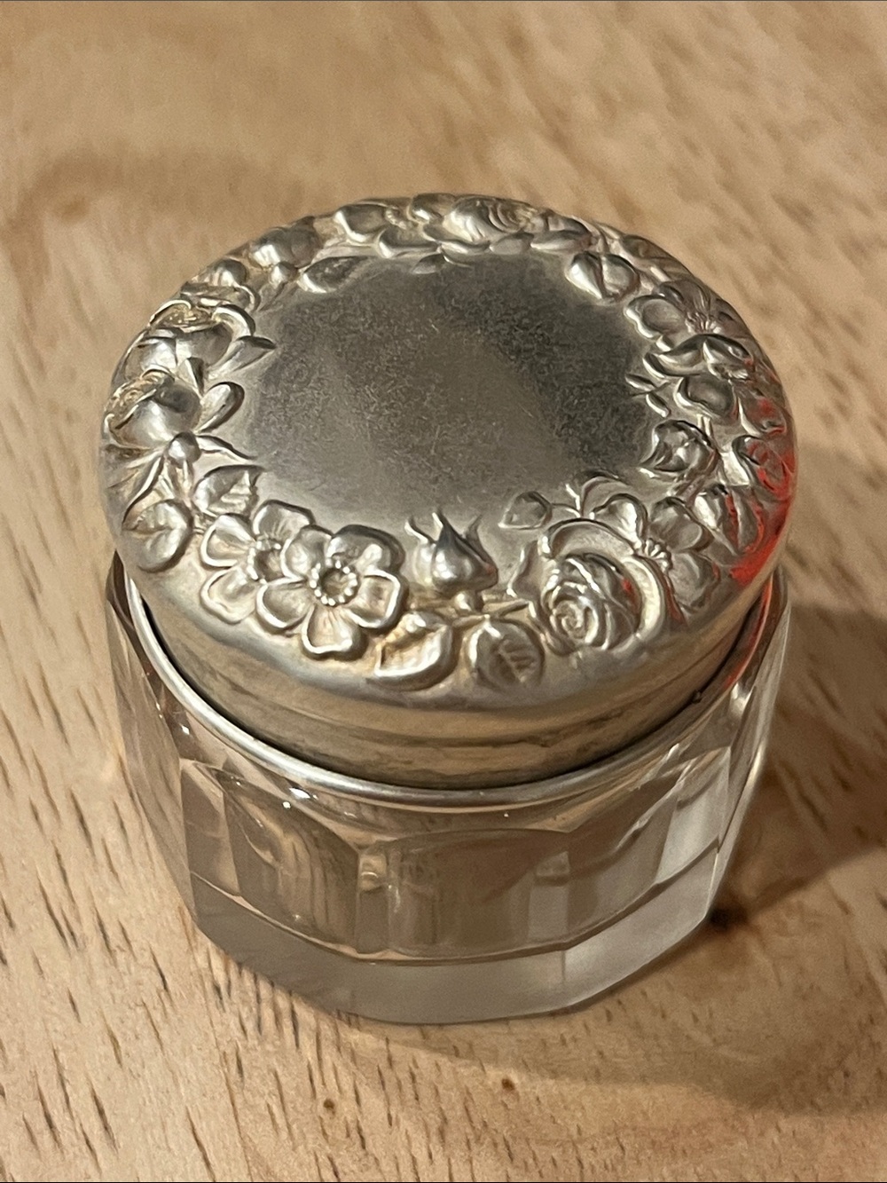 Vintage sterling silver top glass jar 2”.
